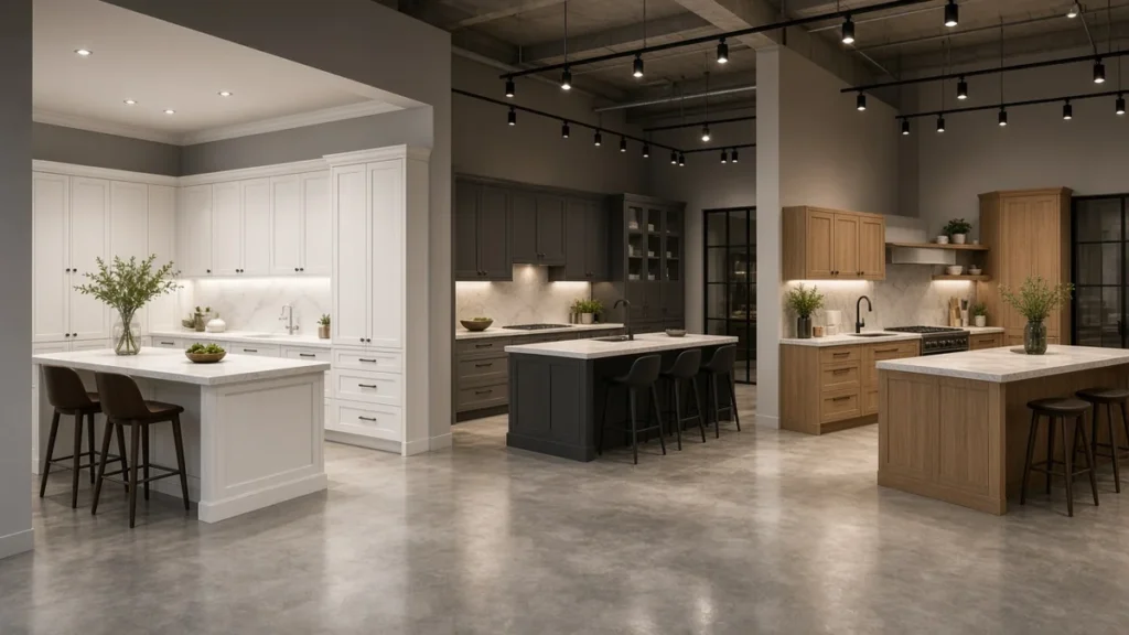 Cabinet showroom with white, charcoal, and natural wood display kitchens under track lighting
