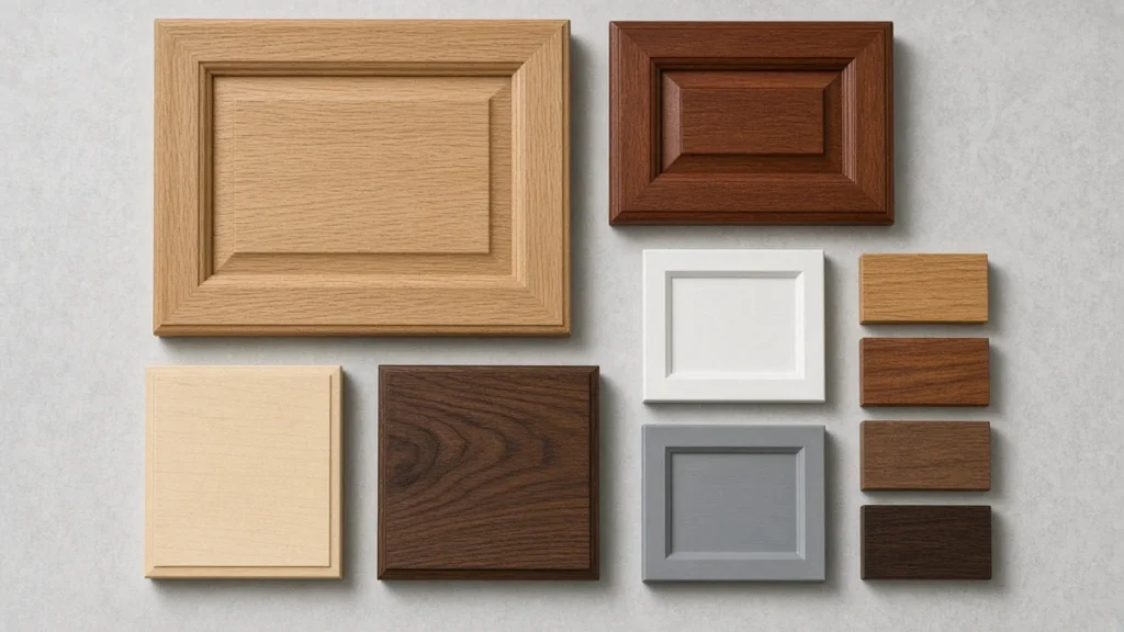 Flat lay of oak, cherry, walnut, maple, and painted cabinet door and finish samples
