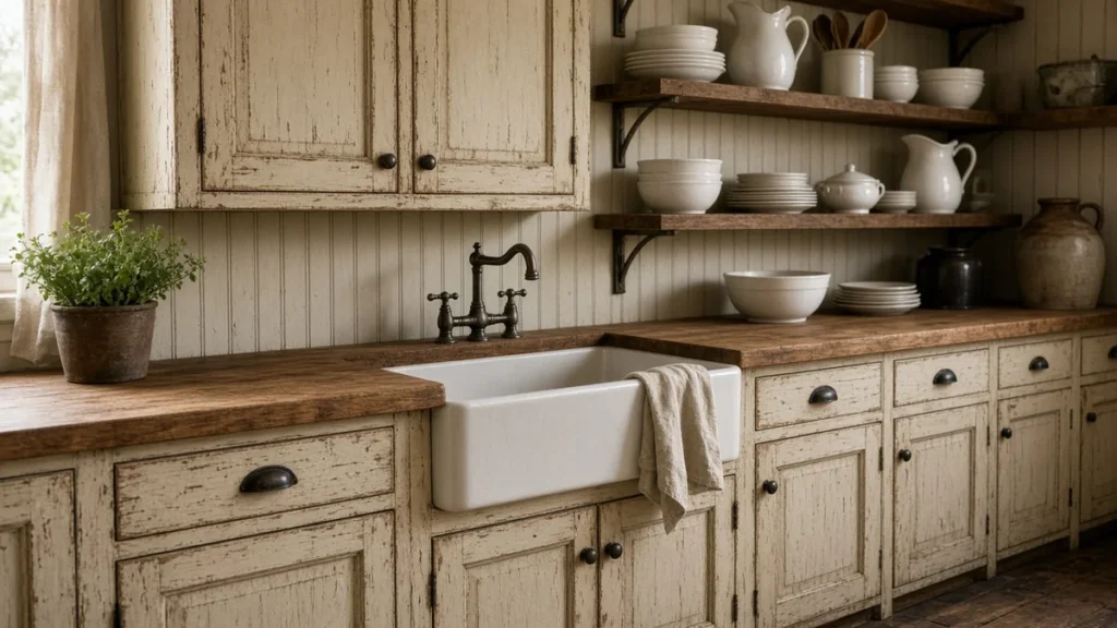 Vintage farmhouse kitchen with distressed cream cabinets, apron-front sink, and open wooden shelves