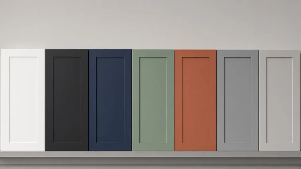Row of painted shaker cabinet door samples in white, black, navy, sage, terracotta, and gray