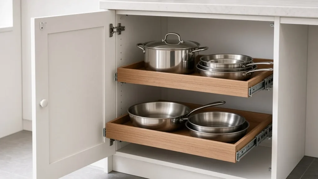 White base cabinet with two wooden roll-out drawers holding stainless steel pots and pans