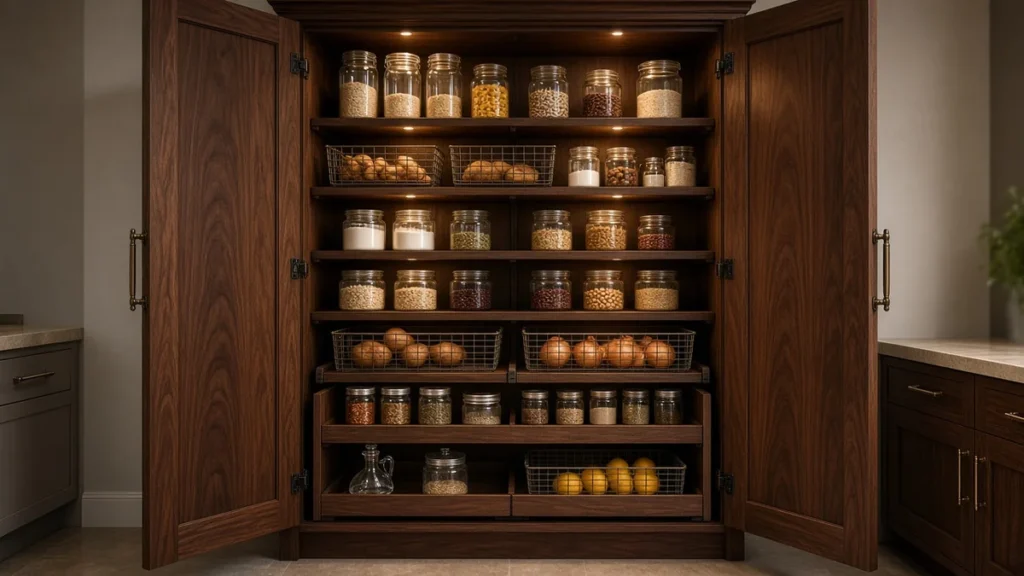 Deep walnut pantry cabinet organized with glass jars, wire baskets, and pull-out shelves