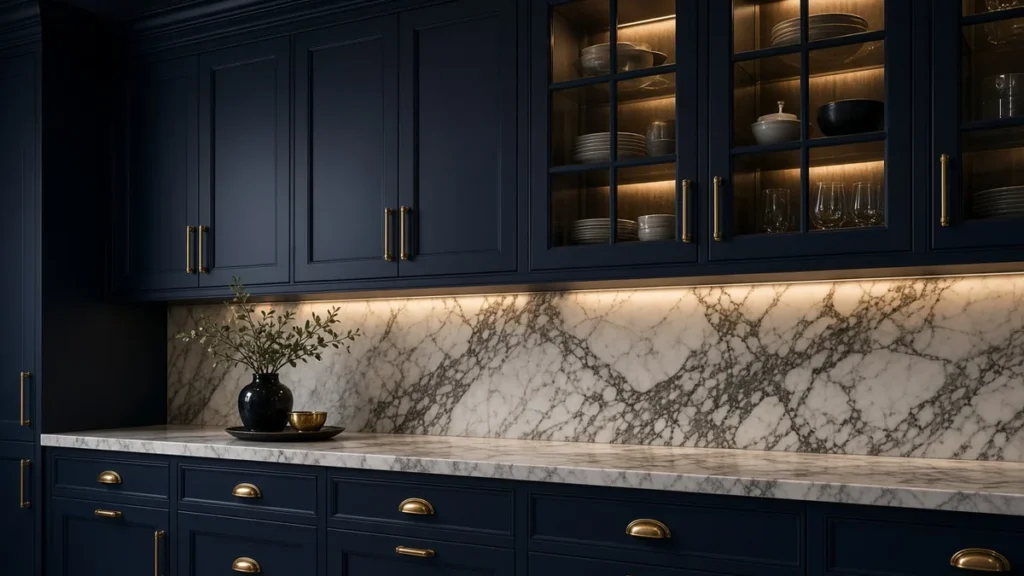 Navy custom inset cabinets with brass hardware, lit glass-front uppers, and marble backsplash