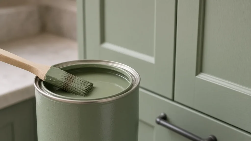 Paintbrush resting on a can of sage green paint beside freshly painted shaker cabinet doors