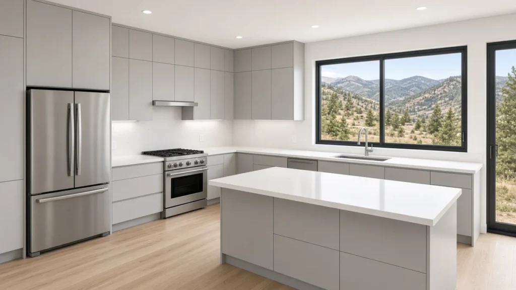 Newly installed light gray modern kitchen cabinets with white quartz island and mountain view window