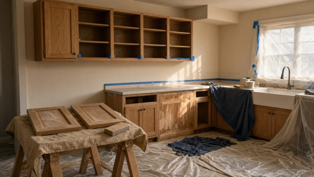 Oak kitchen cabinets mid-refinishing with doors removed on sawhorses and drop cloths covering the floor