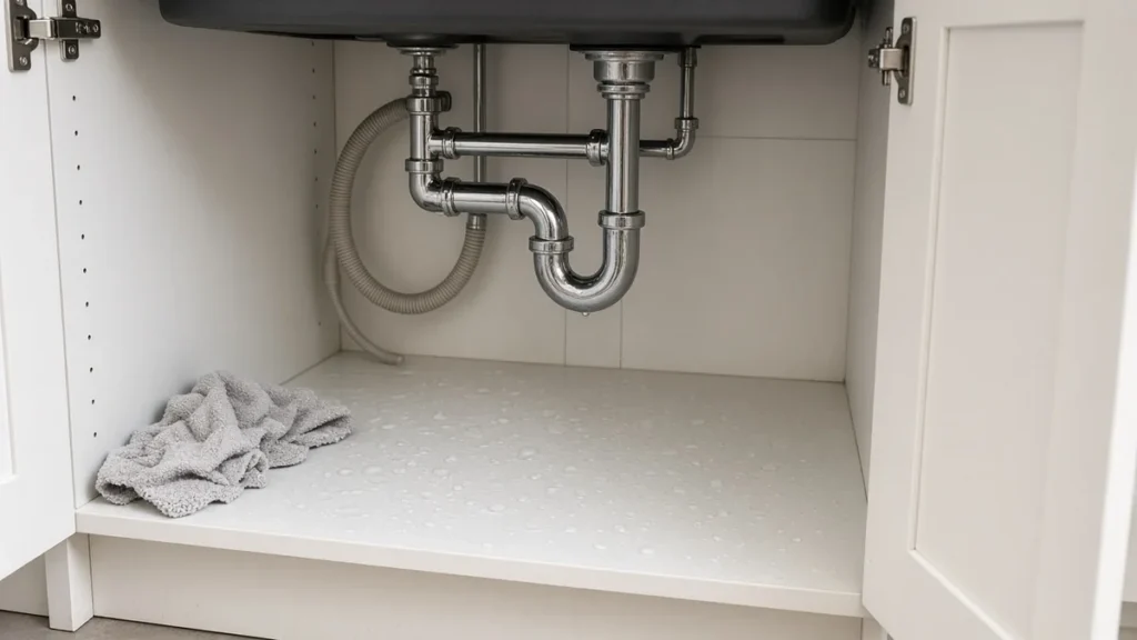 Open white sink base cabinet with chrome drain pipes and water droplets on the cabinet floor